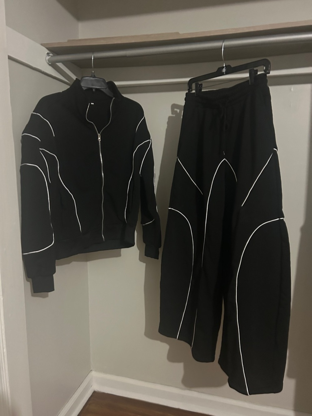 Black Track Jacket and Wide-Leg Pants Set with White Piping